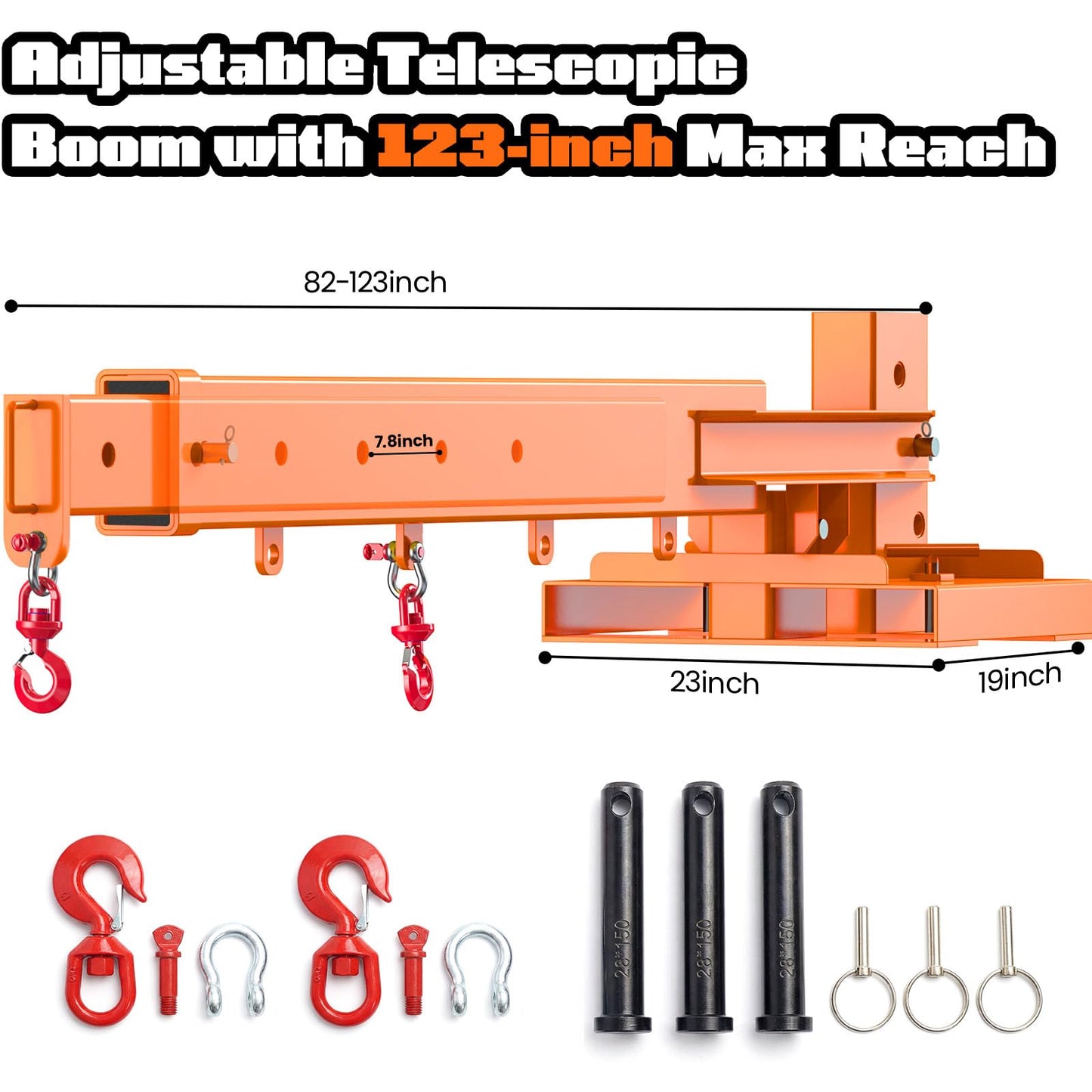 Jib Crane 6613 Lbs Boom Lift Fork Mounted Crane Attachment with Adjustable Holes Heavy Duty Steel Construction 2 Swivel Hooks 3 Angle Adjustment 28”to 124”