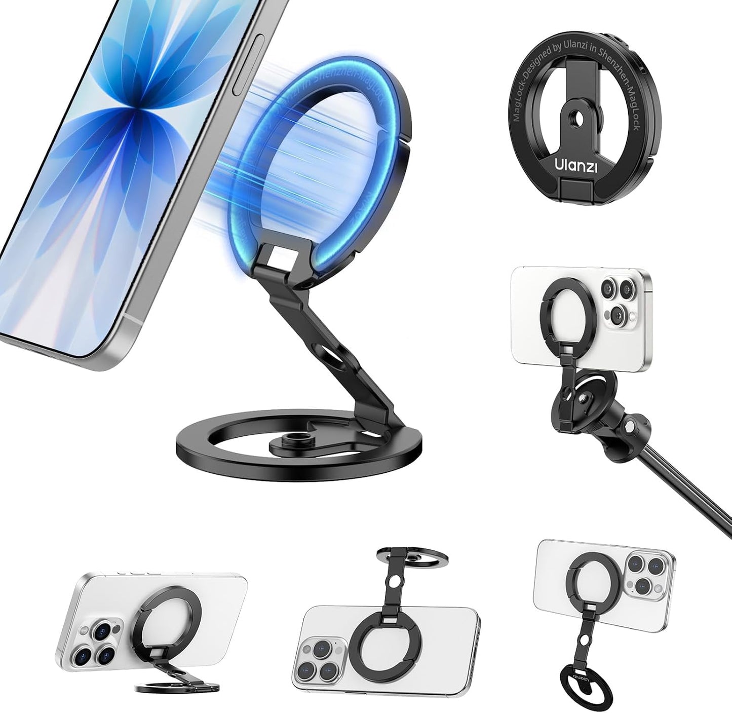 ULANZI MA02 Dual Magnetic Phone Holder for Gym, Gym Phone Mount for MagSafe/iPhone 17-12, Foldable Phone Tripod Mount with 1/4" Screw for Gym, Workout, Kitchen or Any Metal Surface, Black