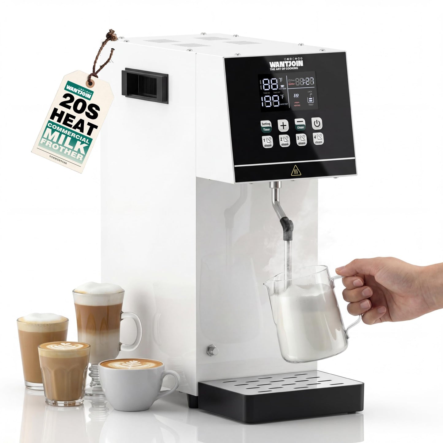 WantJoin Commercial Milk Frother - 2000W Milk Steamer for Latte Cappuccino Coffee, Beverage Heater with Hot Water Dispenser & LED Display, Hotel Use (White)