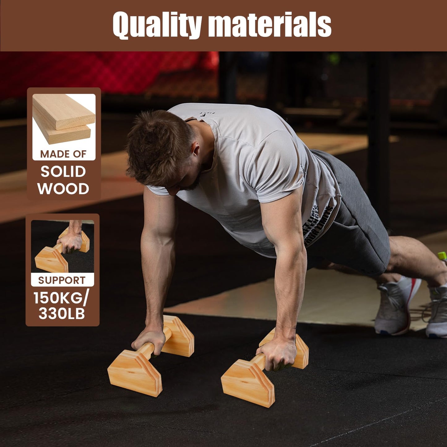 Wooden Push-up Bars, 1 Pair Non-slip Base Pushup Handles Stand, Home Workout Calisthenics Equipment, Push up Bracket Board with Ergonomical Handle, Wooden Parallettes Bars for Fitness Training