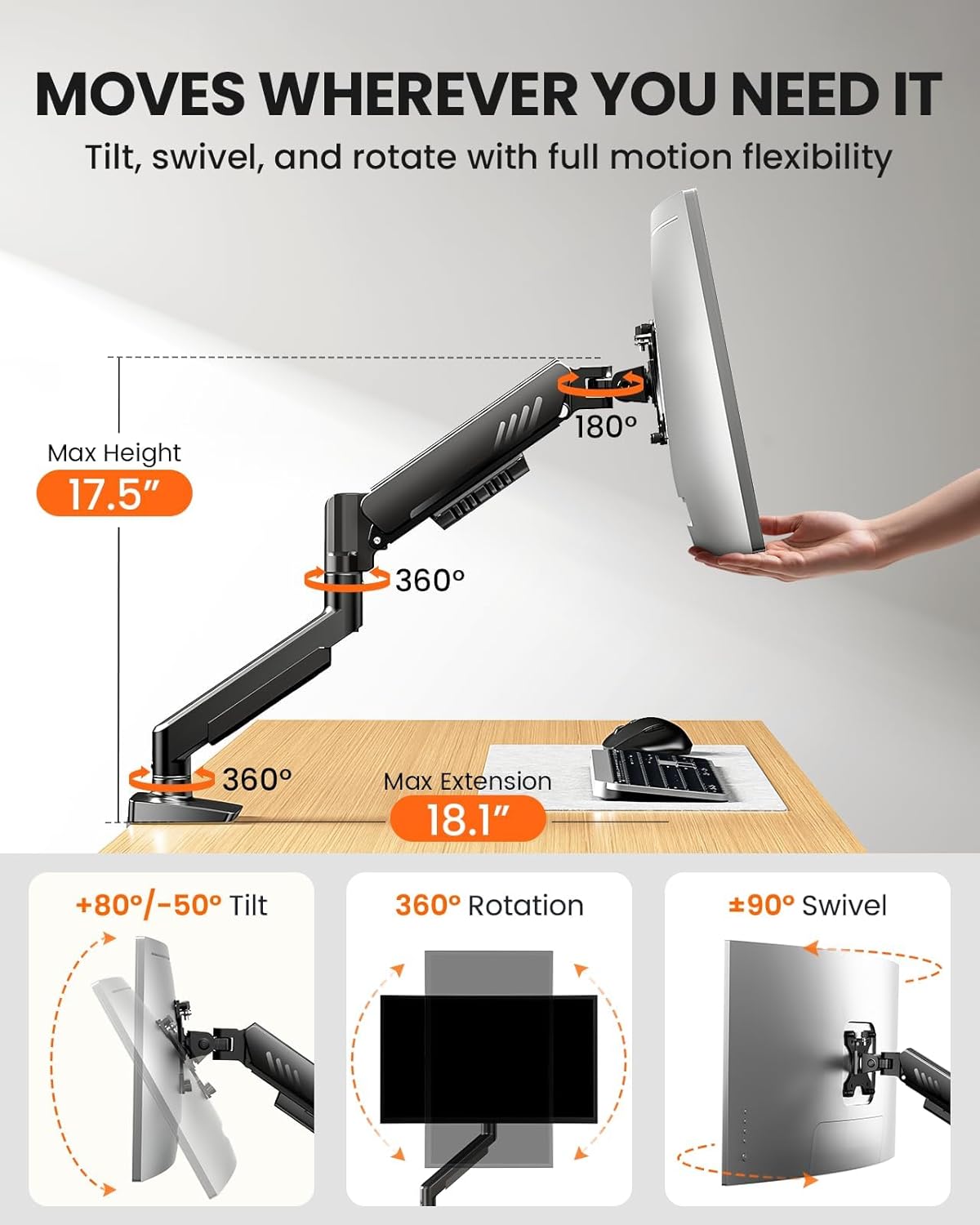 ErGear 1334 Inch 19.8 lbs, 100x100mm Single Monitor Arm, Fully Adjustable Monitor Mount for Screens, Fast Install