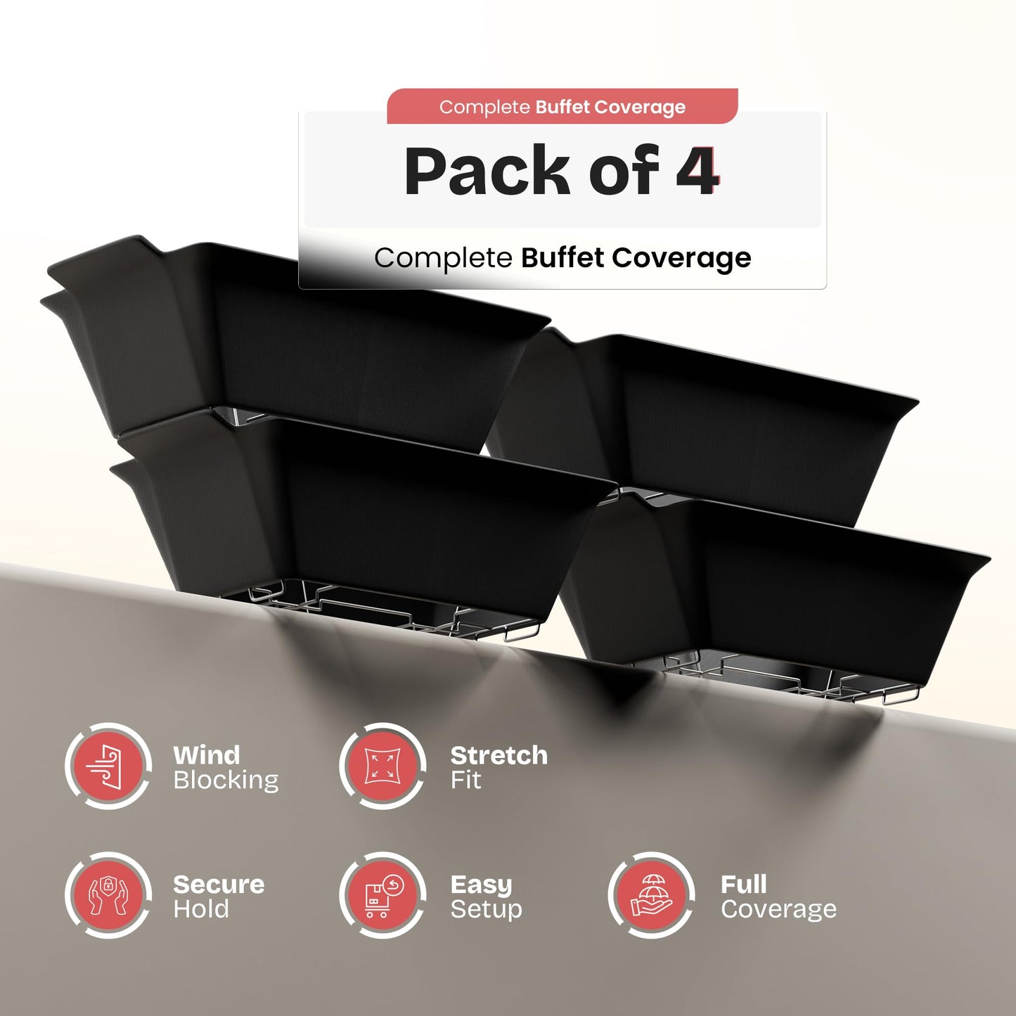 Chafer Wind Guard by Merchlio- 4 Pack | Handle Covered Chafer Dish Covers | Fitted, Washable & Elegant Buffet Decor | Functional Catering Wind Guard | Black