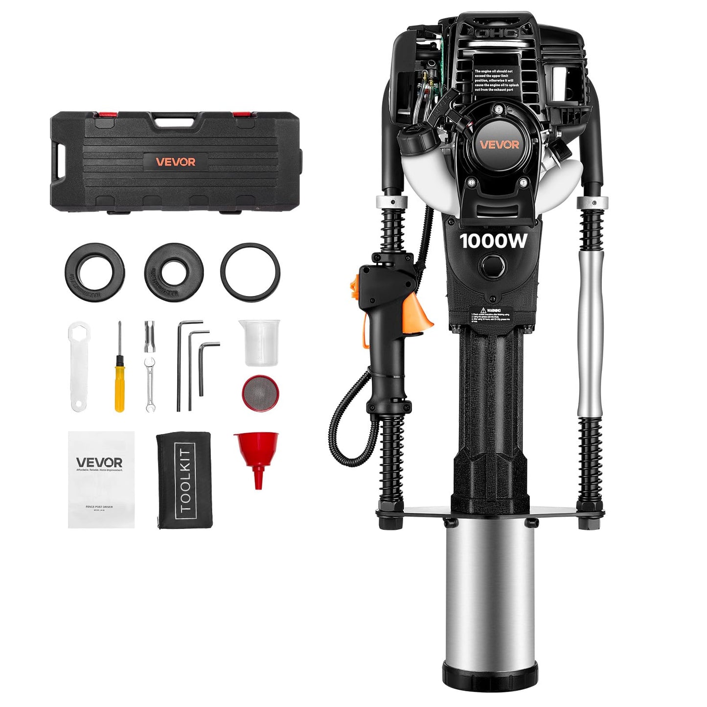 VEVOR Gas Powered T Post Driver, 37.7cc 4-Stroke Engine Efficient Post Pounder with 3 Piling Sleeves, Vibration-Reducing Handle, Heavy Duty Fence Pile Driver for Farm, Orchard, Road Work, Landscaping
