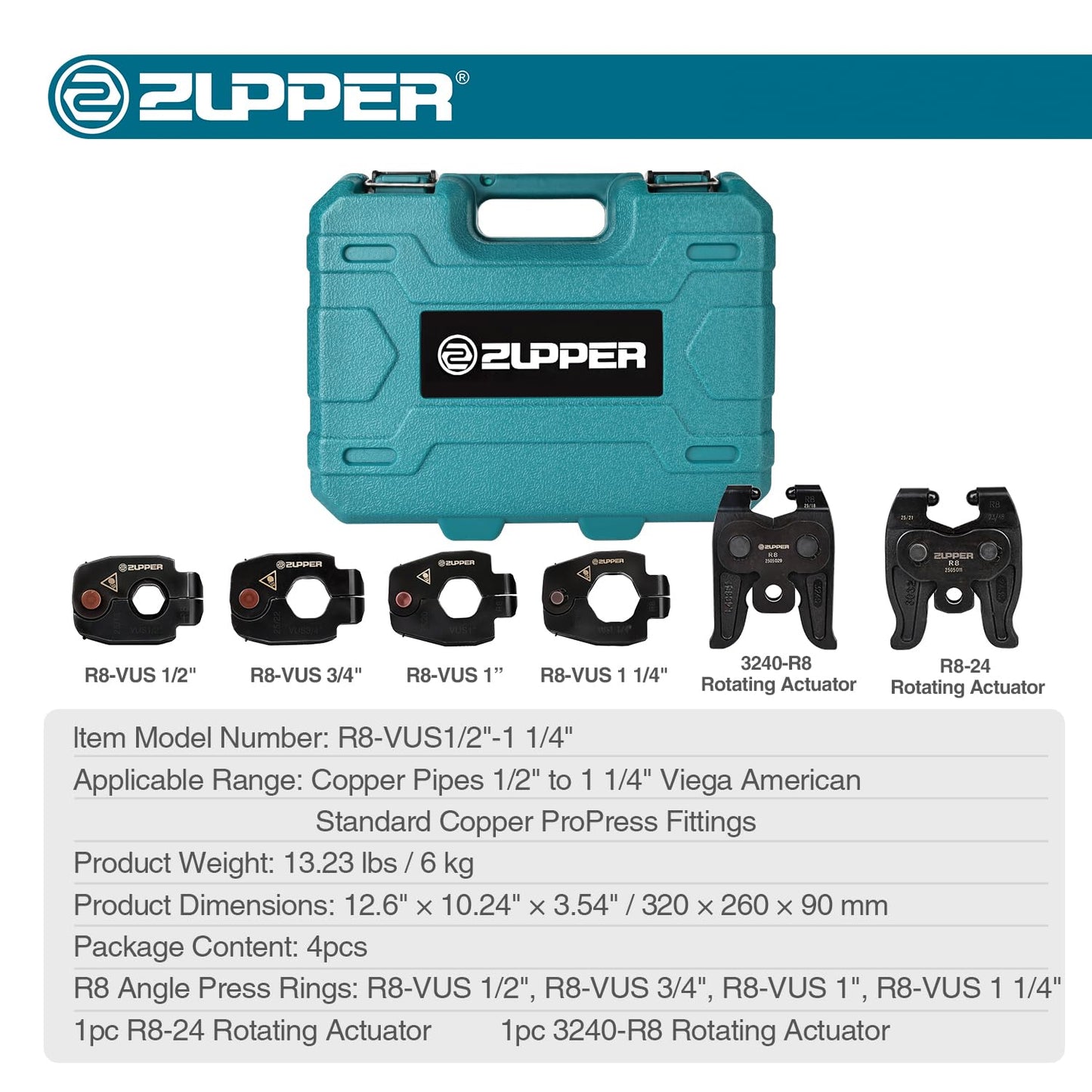 ZUPPER Press Ring Kit - 4PCS Copper Pro Press Rings 1/2" to 1-1/4", 2PCS Rotating Actuators R8-24 and 3240-R8 Suitable for Narrow or Angled Installation Areas, fit Compact and Standard Press Tools