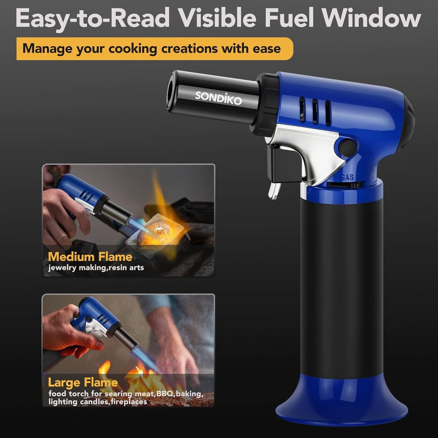 Sondiko Butane Torch Lighter - Refillable Soldering Tool with Adjustable Flame & Visible Fuel Window