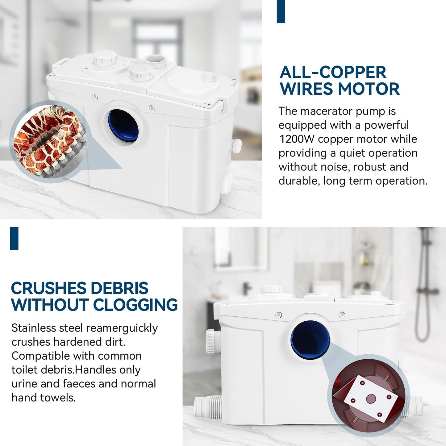 1200W Macerator Pump with PCB Function Toilet Pump Utility Sink Pump Upflush to 39.4FT 2800GPH Macerating Toilet System with 4 Water Inlets 2 Outlets for Toilet Sink Shower Laundry Kitchen Basement