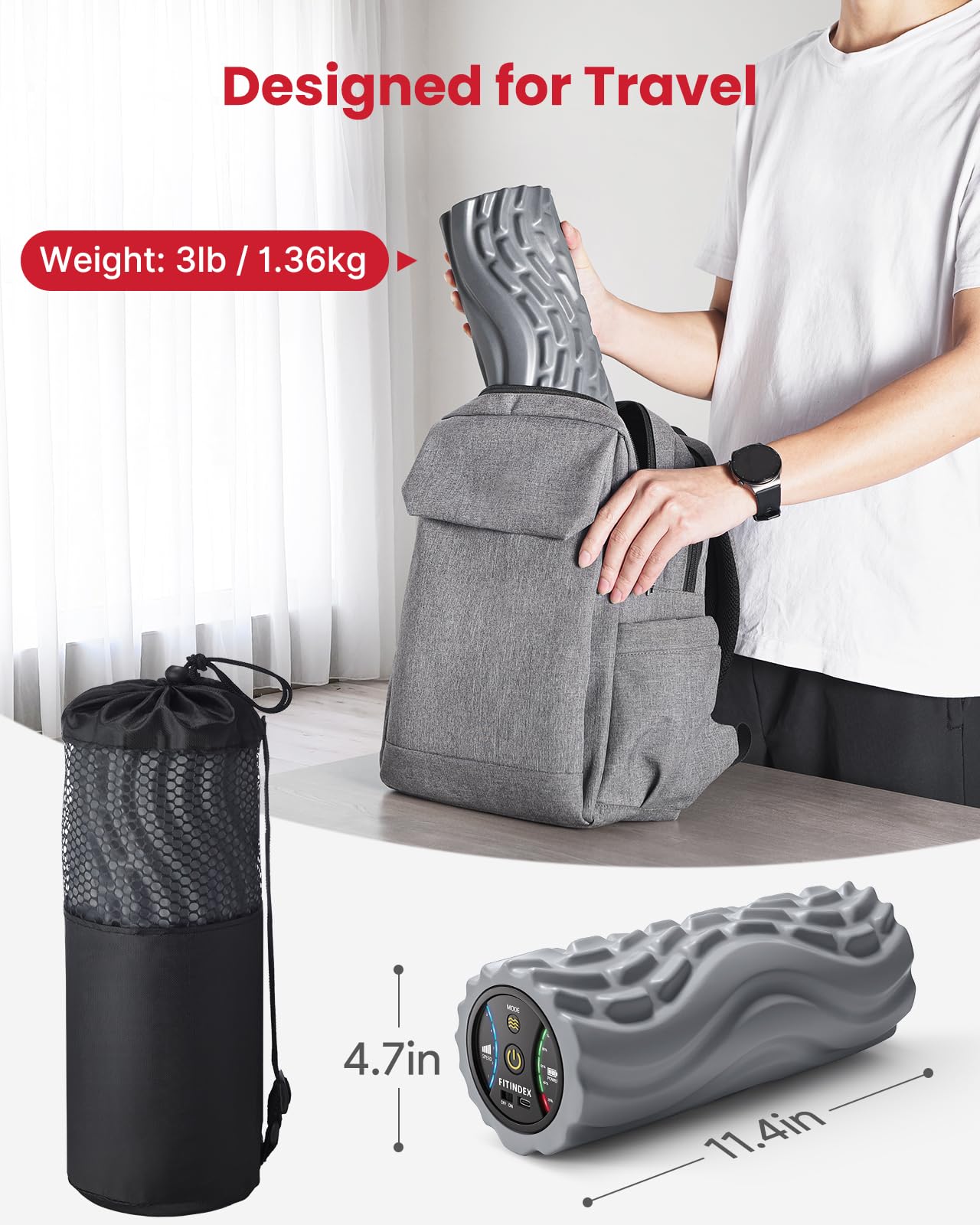 FITINDEX Vibrating Foam Roller for Back Pain, FSA&HSA Eligible, 5-Speed Muscle Massage, Exercise, Muscles Deep Tissue, Physical Therapy, Pilates, Yoga, Neck, Leg, Rechargeable, Travel Portable, Gray