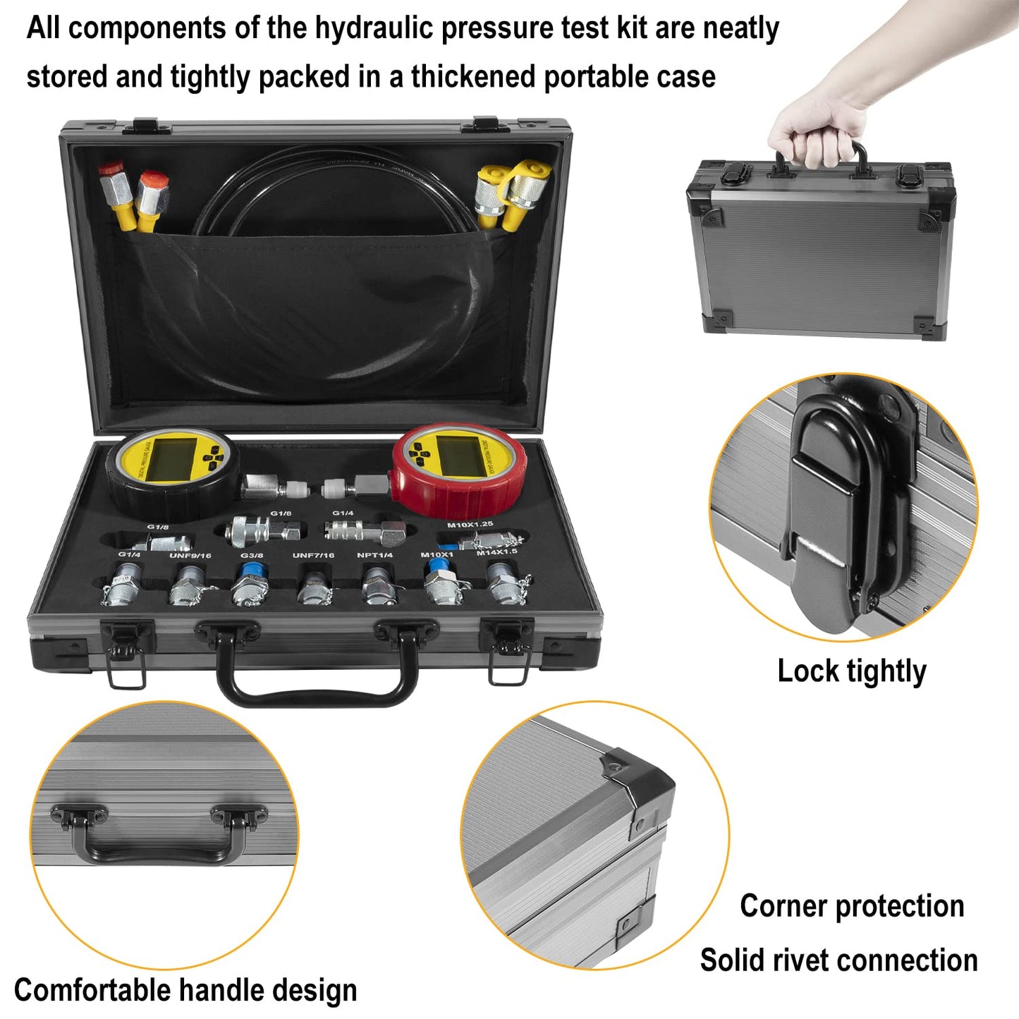 70M Hydraulic Pressure Test Checker Kit, w/ 10000PSI/70MPa Digital Pressure Gauges, 11 Couplings, 2 Test Hoses, Hydraulic Tester Coupling Kit for Excavator Construction Machinery Hydraulic Systems