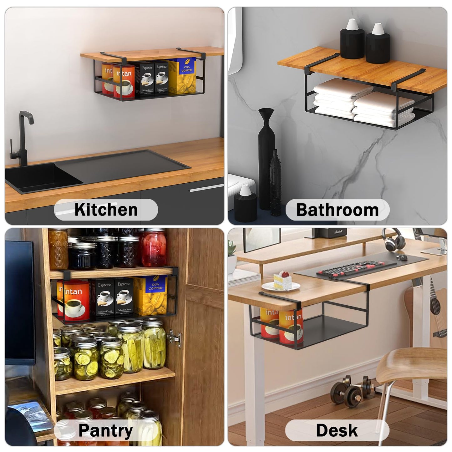 Fengone Under Shelf Storage Basket Organizer Hanging Holder for Kitchen, Pantry, Desk, Bookshelf, Cabinet Heavy Duty Slide-in Hanging Storage Basket (Black Small)