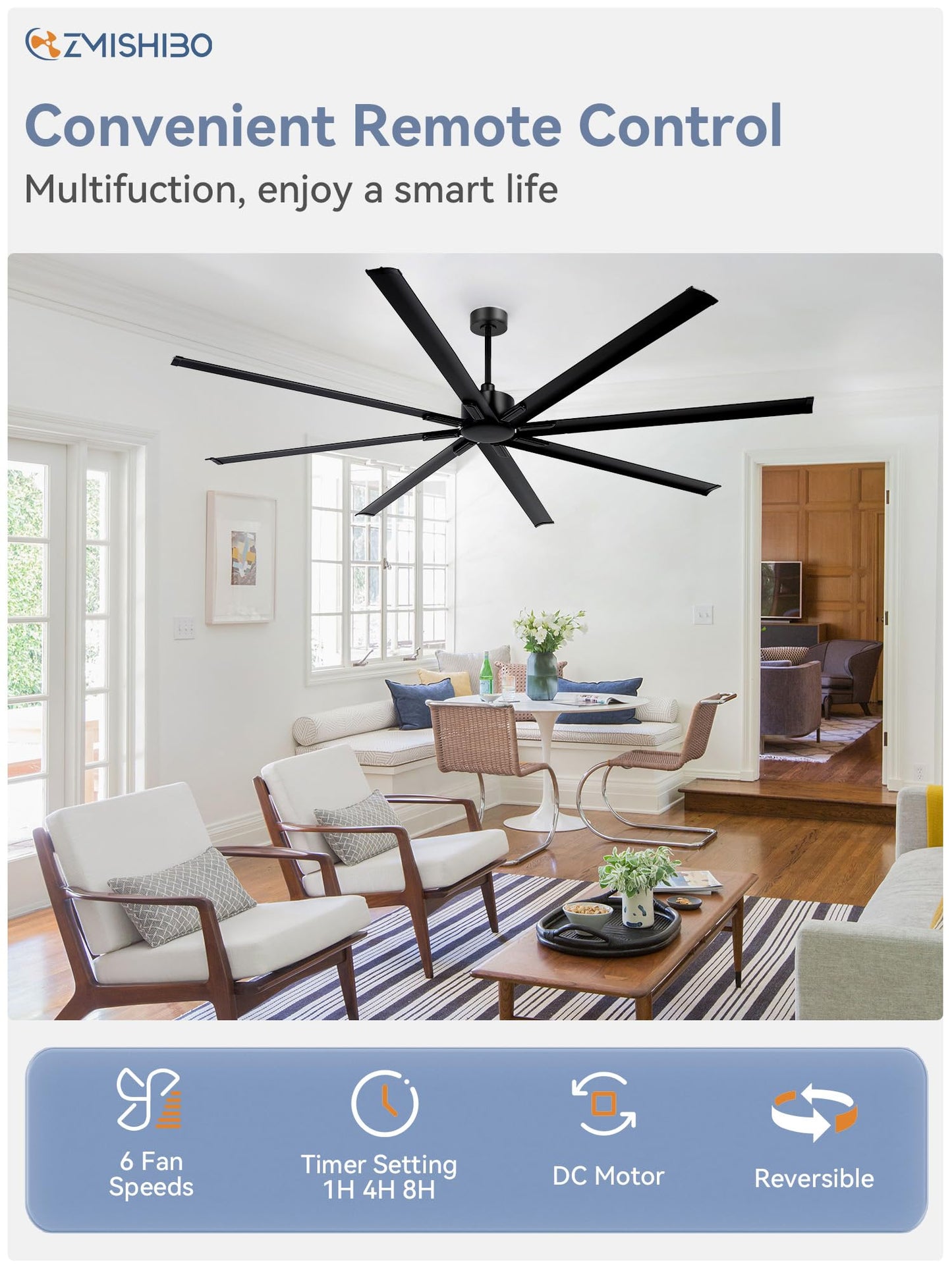 ZMISHIBO 96 Inch Ceiling Fans No Light, Large Industrial Ceiling Fan with 8 Aluminium Blades, Quiet DC Motor, 6 Speeds, Modern Ceiling Fan without Light for Garage/shop/living room,Black