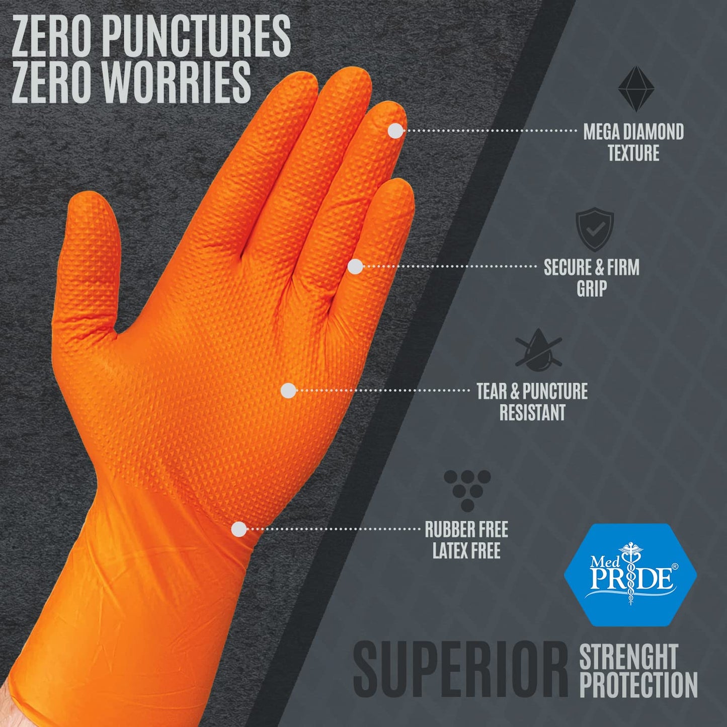 MED PRIDE Maxx Strength Nitrile Industrial 8 Mil Thick 1000 Gloves/X-Large - Diamond Texture Disposable Safety- Heavy-Duty, Tear-Resistant Mechanic Automotive Food Handling Gloves- Orange
