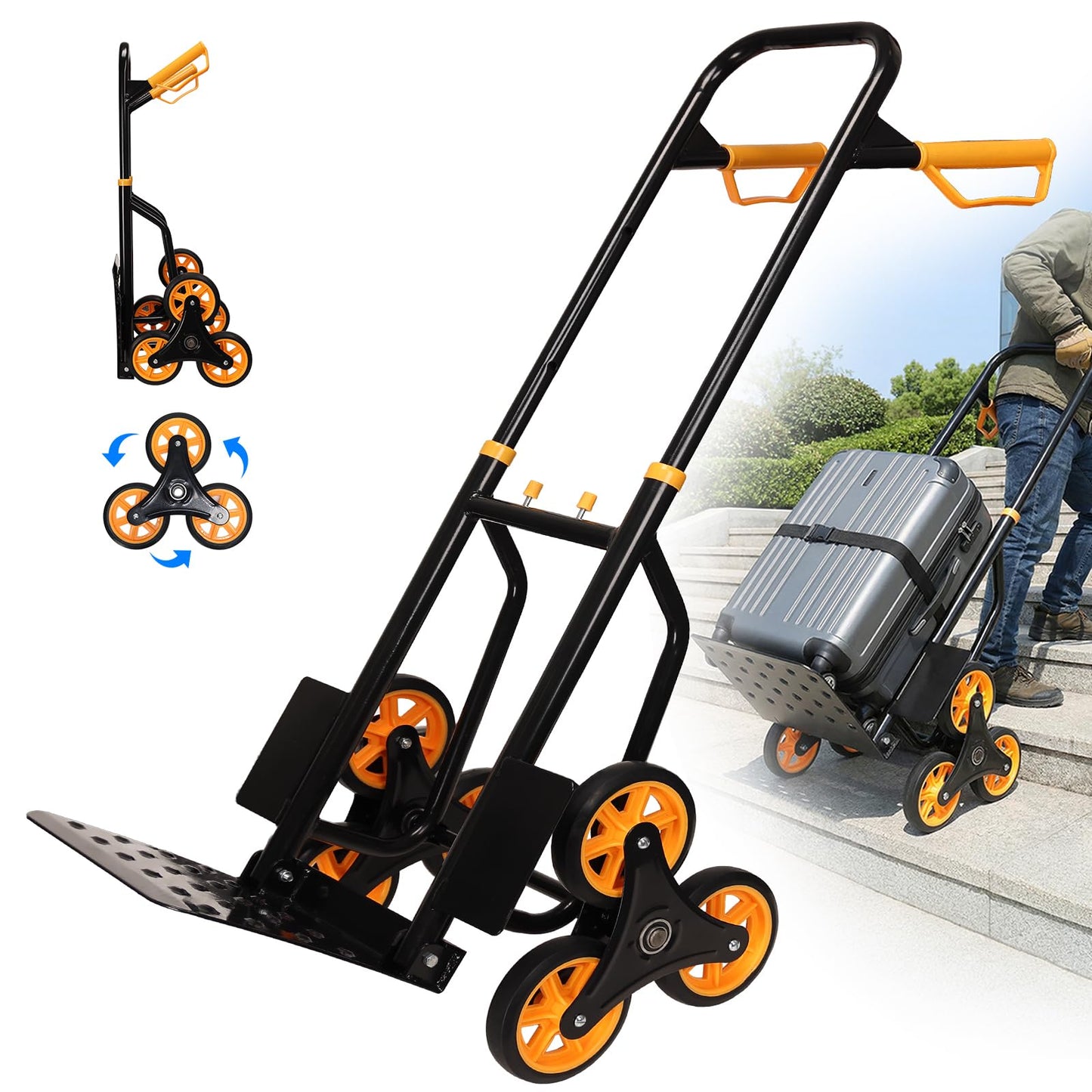 Stair Climbing Dolly - Heavy Duty Stairs Climber Hand Truck for Moving, 380LBS Capacity Folding Cart with 5.9" Triple Wheels, Adjustable Handle, Portable for Home Furniture Grocery Warehouse Office