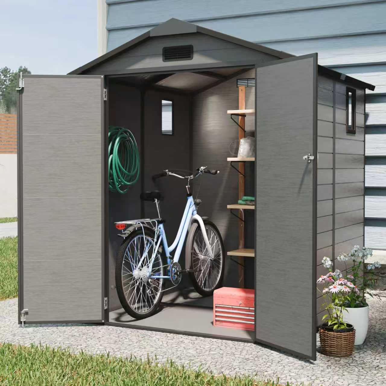Praxatek 6x6 FT Outdoor Storage Shed, Lockable Resin Tool Shed with Window & Floor, Dark Gray Polypropylene