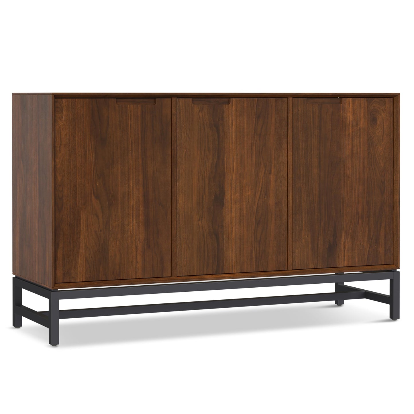 SIMPLIHOME Banting Buffet - 58 inch Wide Solid Wood 3-Door Sideboard Buffet in Natural Walnut, Mid-Century Modern Cabinet for Dining Room or Kitchen with Adjustable Shelves and Metal Base