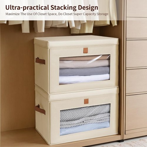 Homsorout Large Closet Storage Bins - Collapsible Clothing Organizers with Handles & Windows | 8-Pack Beige