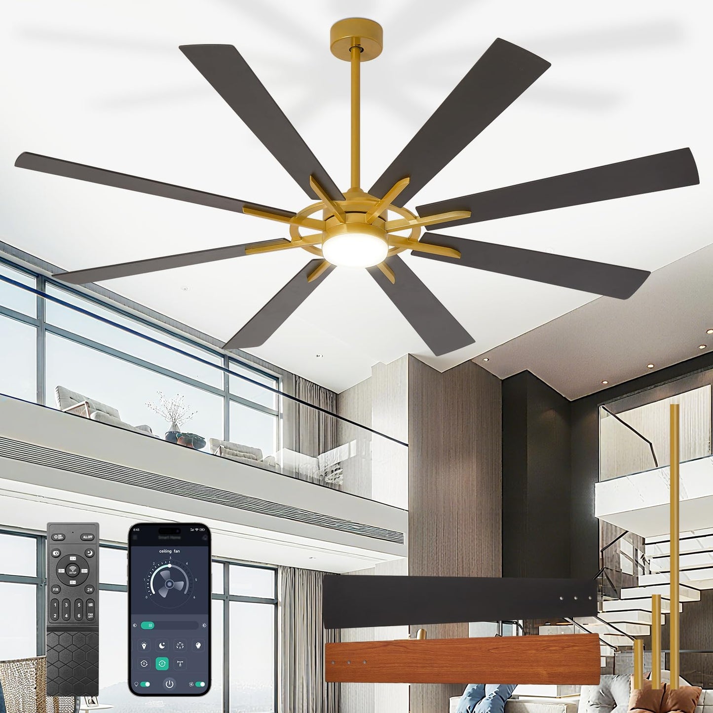 DLLT 72-Inch Ceiling Fan with Light: Farmhouse 8-Blade Bronze Black Indoor Outdoor Fans with Remote App Control Dimmable Light - Ultra Quiet DC Motor Reversible 6 Speed Timer