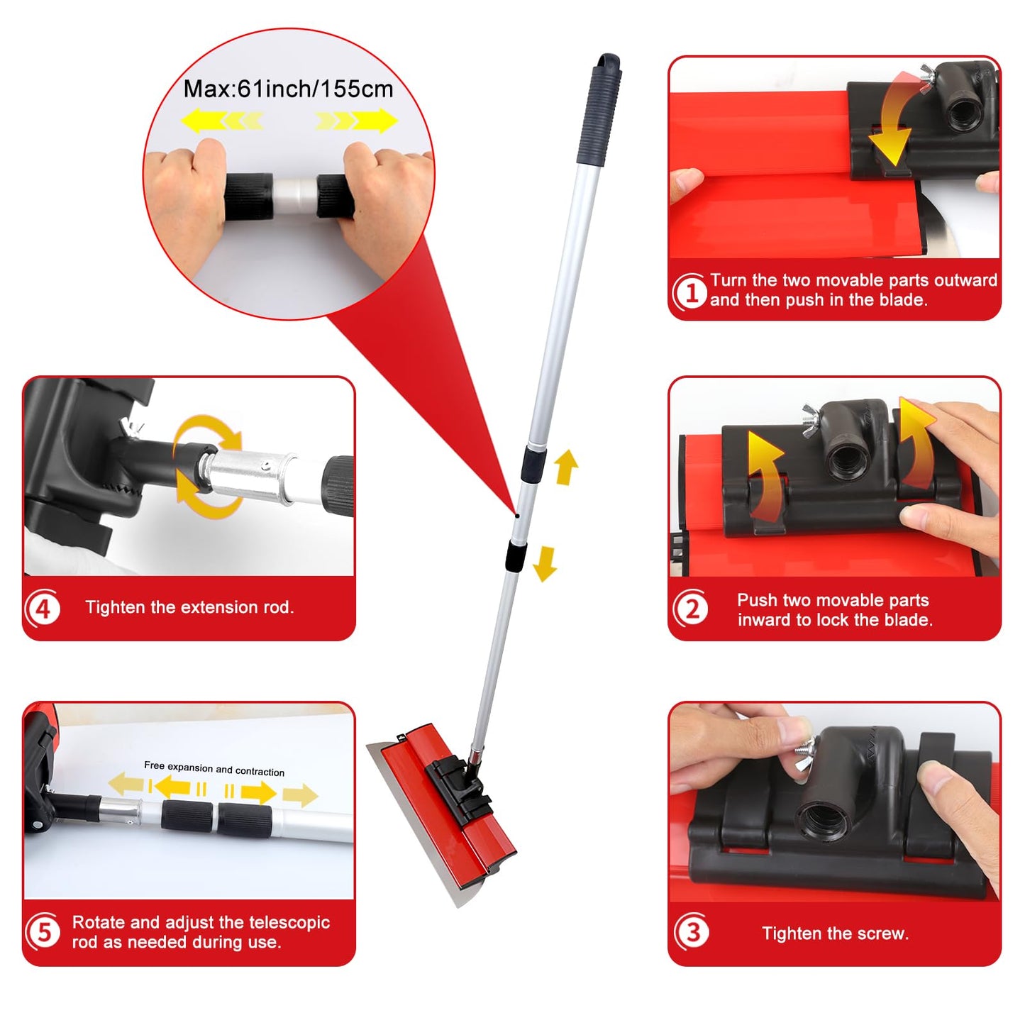 suokoun Drywall Skimming Blade Set with Case, 10/16/24/32inch Stainless Steel Skimming Blades, 7/9inch Compound Rollers, 28"-62" Extension Handle, Putty Knives Arc Scraper for Wallboard
