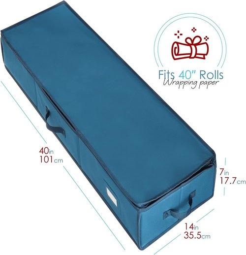 Hearth & Harbor Wrapping Paper Storage Container - Christmas Gift Wrap Organizer with Ribbon Dispenser | Holds 26 Rolls, Blue