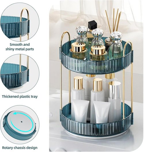 INVSSENE 360° Rotating Makeup Organizer - Large Capacity Vanity Shelf for Cosmetics & Skincare | Blue, 2 Tiers