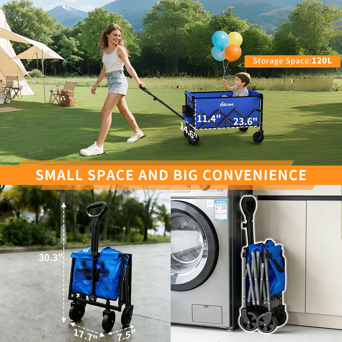 Collapsible Wagon Cart, 380LBS Heavy Duty Utility Wagons with All-Terrain Wheels, Foldable Grocery Carts for Gardening, Shopping, Beach, Camping (Blue)