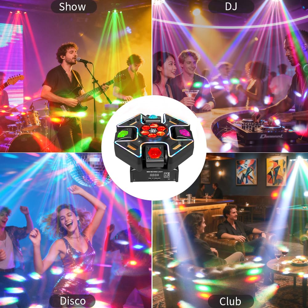 MINGJIE 4 Arm Moving Head DJ Lights, 150W RGBW LED Stage Lighting with Strobe & Bee-Eye Effect, Red/Green Starlight, DMX512,Remote Control,Sound Activated, 540°Rotation for Parties,Clubs,Disco,Bar
