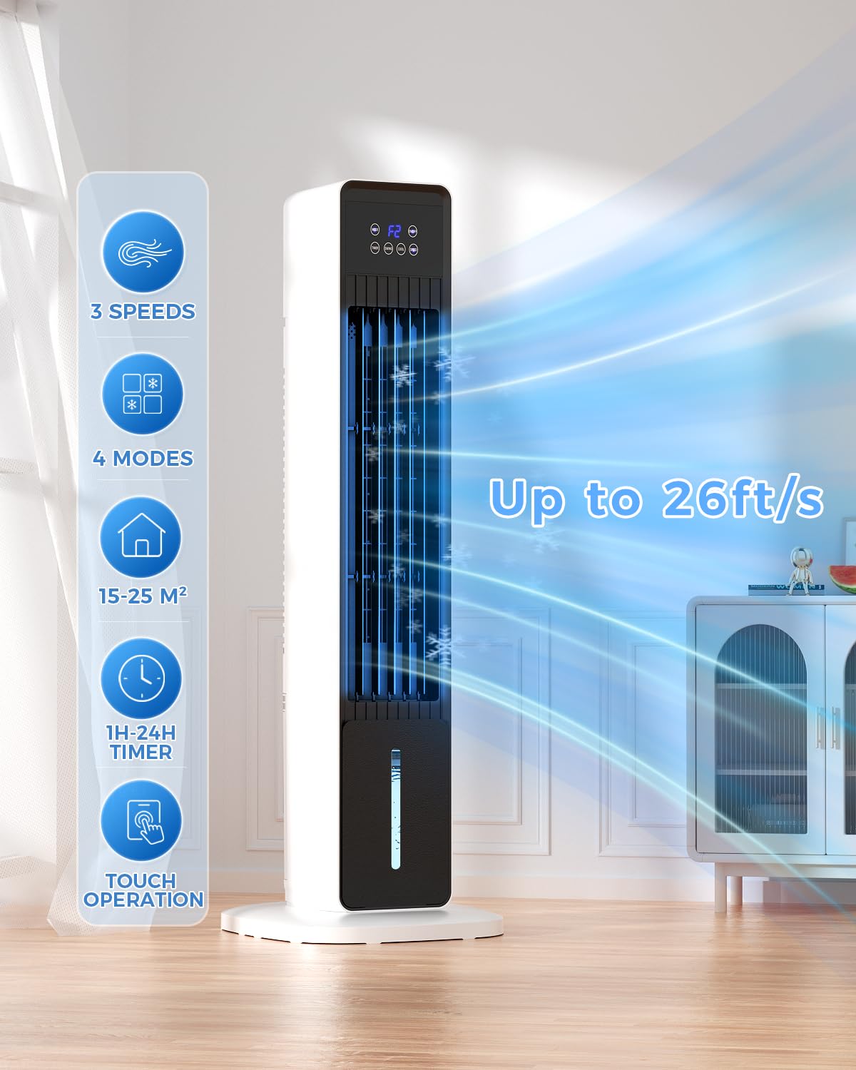 Evaporative Air Cooler, 3-in-1 Portable AC Tower Fan Air Conditioner with 4 Modes & 3 Speeds, 24H Timer, Remote 60°Oscillating Tower Fan, Quiet Swamp Cooler, Tower AC for Bedroom Office, 36inch, Black