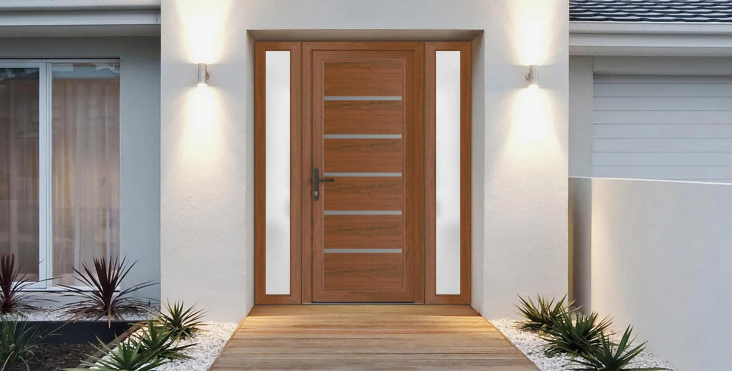 VDOMDOORS Front Exterior Prehung Metal-Plastic Door | Manux 8415 Walnut | 2 Side Sidelite Transoms | Residential Doors Entrance Patio Garage 56 x 80 (W12+32+12 x H80) Right-Inswing