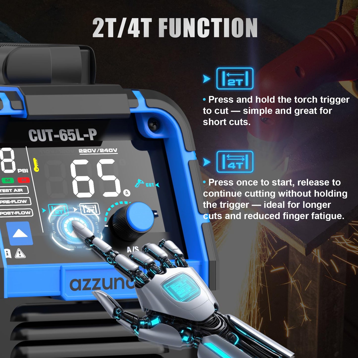 AZZUNO Plasma Cutter 65Amps, Non-Touch Pilot Arc, 110/220V Dual Voltage Large LED Display Plasma Cutting Machine, IGBT Inverter Air Sensor Technology, Max Cut 1" Plate/Mesh Cutting