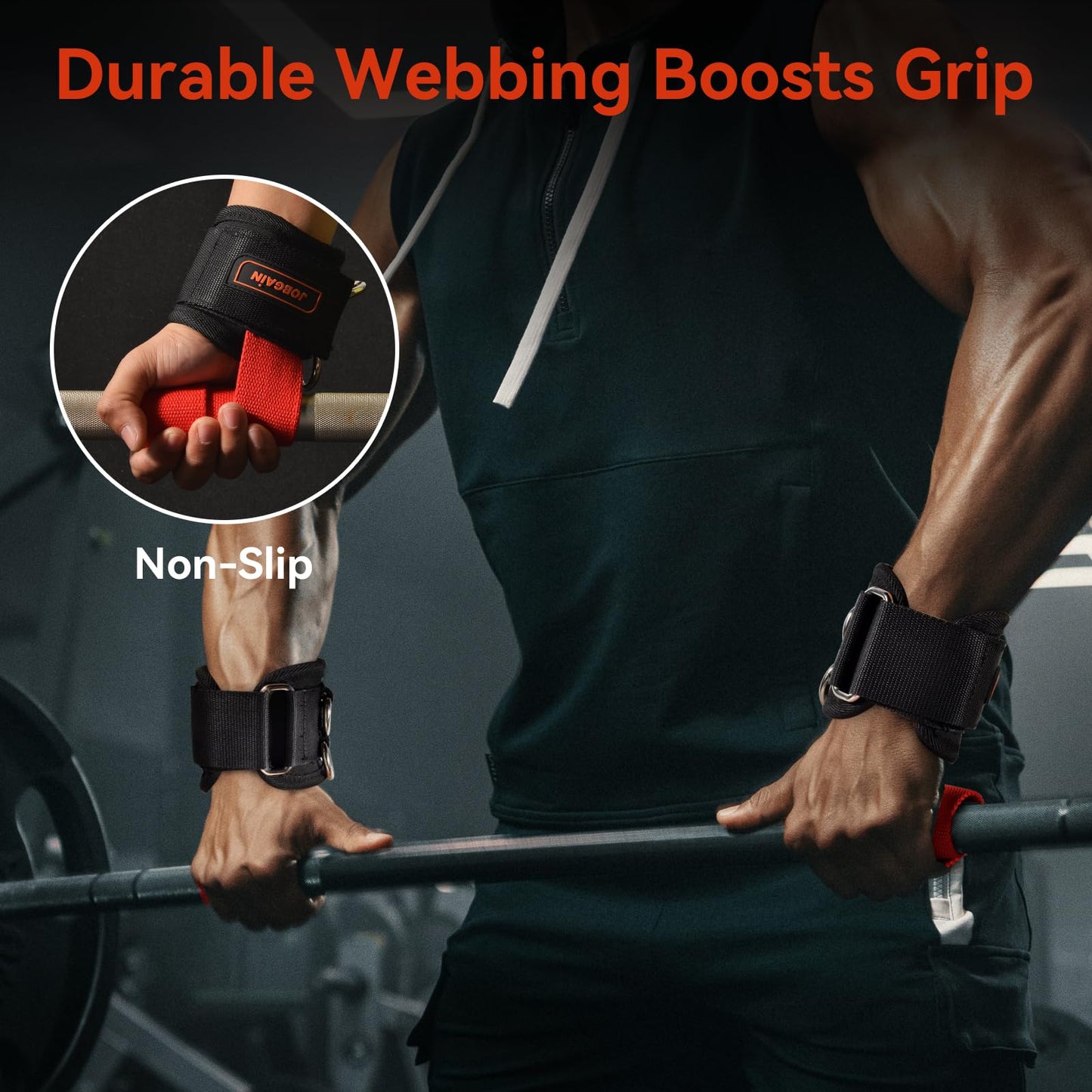 JOBGAIN 1 Pair Weight Lifting Straps with D Rings for Cable Machine Workout, Neoprene Padded Wrist Straps for Weightlifting Deadlifting, Non-Slip Wrist Support for Men Women, Red