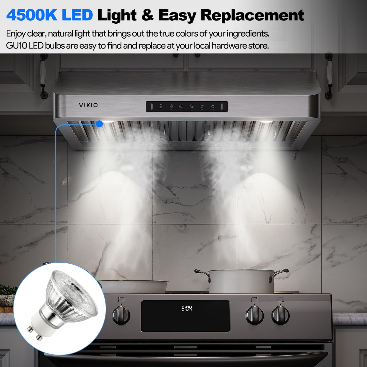VIKIO HOME Range Hood 30 Inch Under Cabinet, Kitchen Hood with 980 CFM, 3-Speed Gesture Sensing & Touch Control Panel, Stainless Steel Vent 2 Pcs Baffle Filters with Handlebar, Ducted, LED light