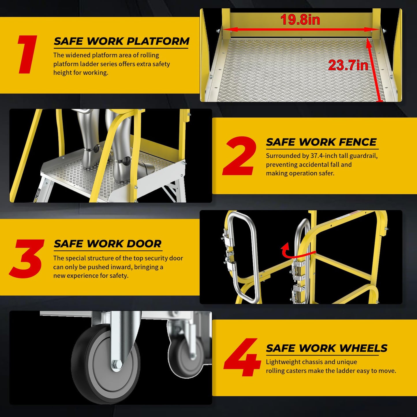 4-Step Aluminum Rolling Platform Ladder, 375 LBS Capacity, Mobile Work Platform with 20"x24" Anti-Slip Standing Surface, Steps Ladder with Wheels & Secure Safety Gate, Meets ANSI Standards