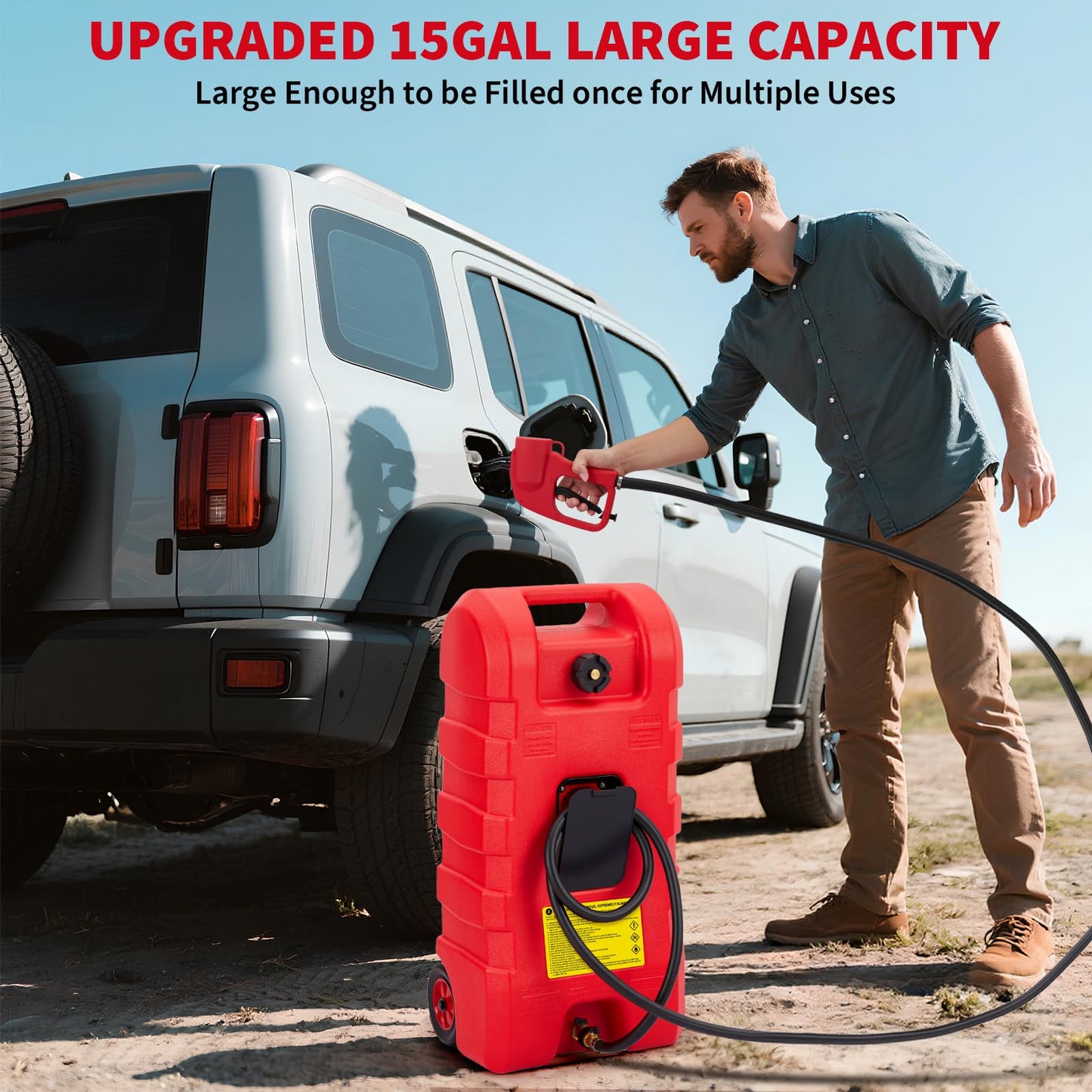 GarveeTech 15 gal Gas Can with Manual Transfer Pump & 10 ft Hose, Portable Fuel Tank with Wheels & Carry Handle, Leak-Proof Heavy Duty Gas Caddy for Cars, Boats, Lawn Mowers, Red
