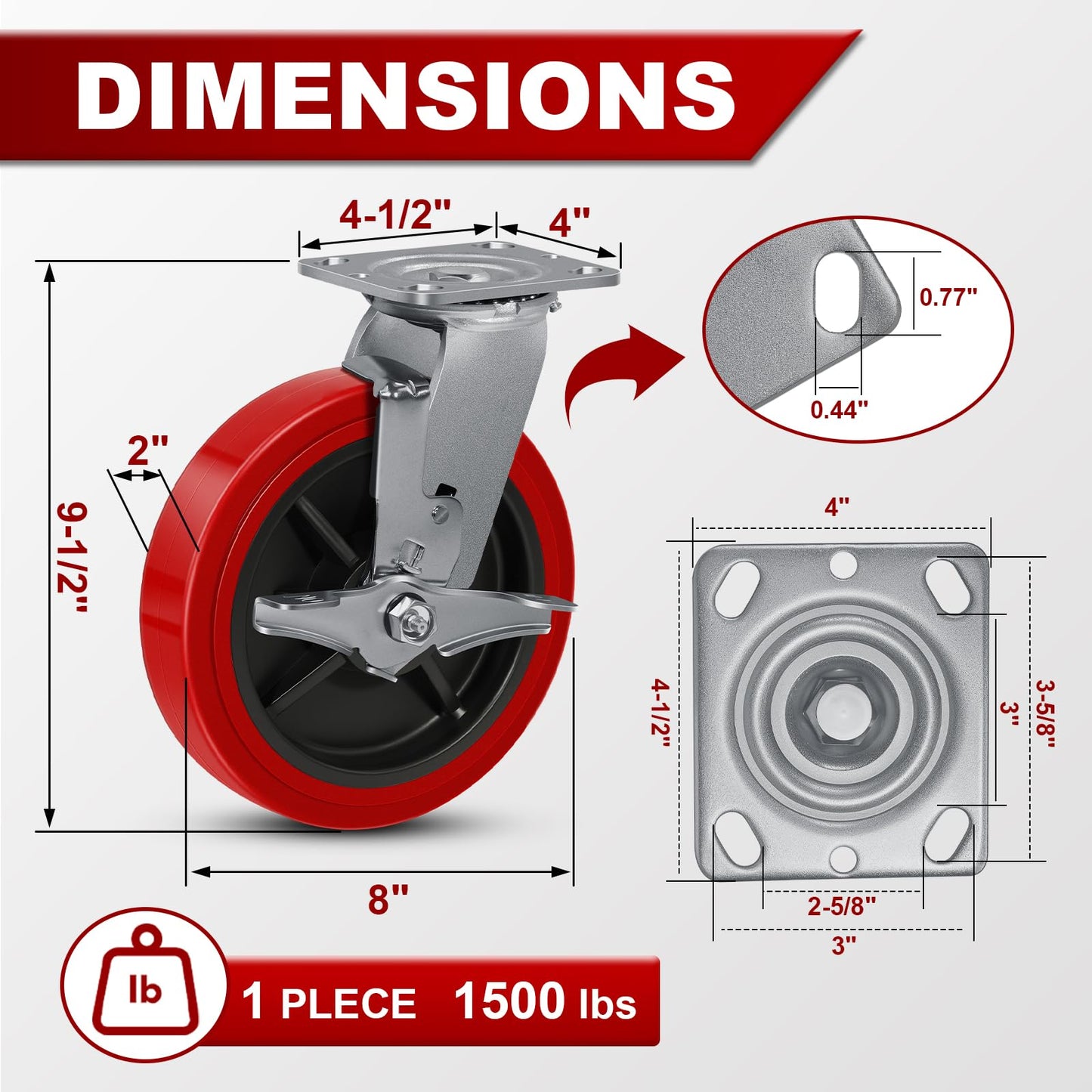 8"x 2" Heavy Duty Industrial Casters, Polyurethane on Polyolefin Core Wheel- Capacity up to 6000 Lbs (Set of 4), Use for Platform Truck, Industrial Equipment (4 Brake)