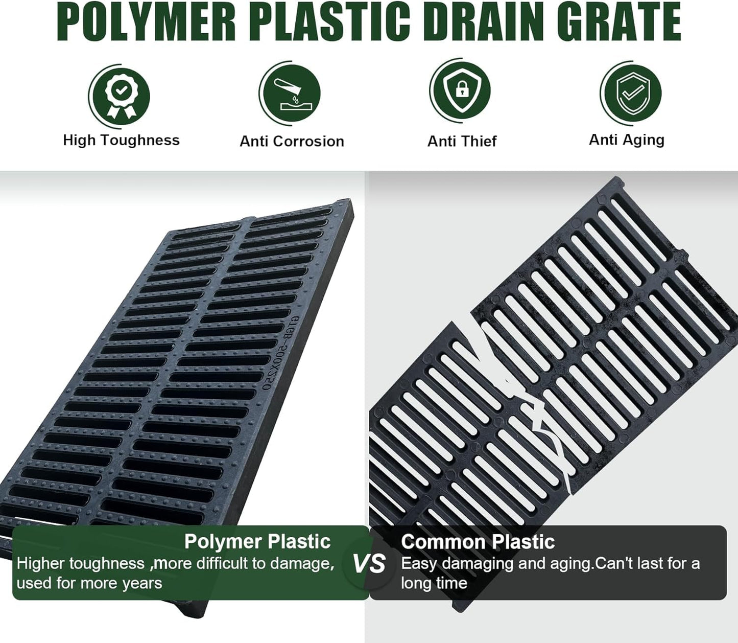 Natotela A15 6 Pack Polymer Plastic Channel Drain Grate-19.7x7.9x1 in Durable Trench Cover,Total Length 118 in Polymer Drain Strainer,Outdoor Drain Grates for Yard Sidewalk Patio Houseside