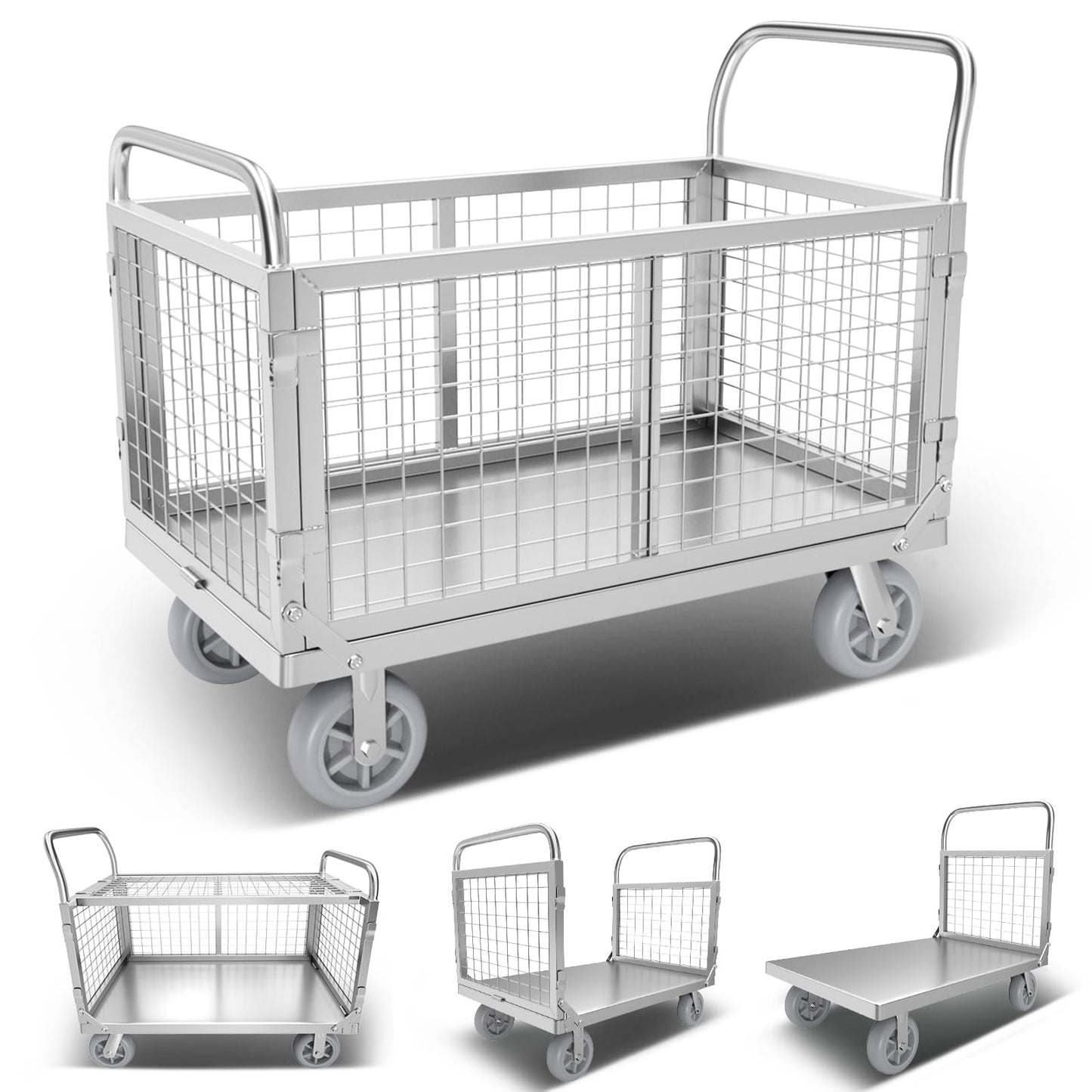 2000lbs Capacity Platform Truck Cart with Cage 6-in-1 Multi-Purpose Flatbed Cart 39"x24" Foldable Heavy Duty Push Cart Dolly W/Swivel Wheel & Rmovable Side for Groceries, Garage, Warehouse, Laundry