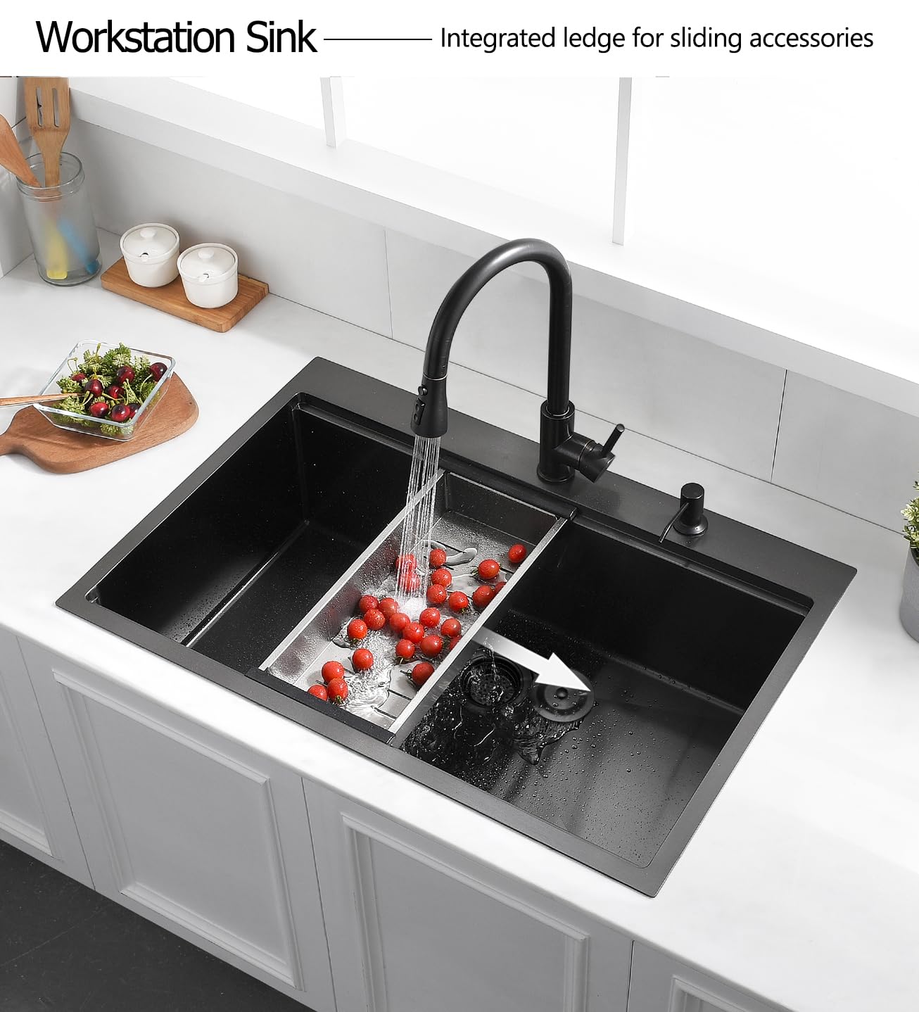 33 Drop In Black Workstation Kitchen Sink, Luckyhorse 33x22 Inches 16 Gauge Nano Black Stainless Steel Sink Topmount Workstation Single Bowl Kitchen Sink LH007SB