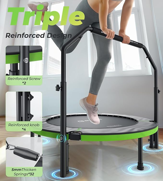 BCAN 40"/48" Foldable Mini Trampoline, Rebounder Trampoline for Adults, U/T Adjustable Foam Handle, Exercise Rebounder for Adults Indoor/Garden Workout, Max Load 330lbs/440lbs