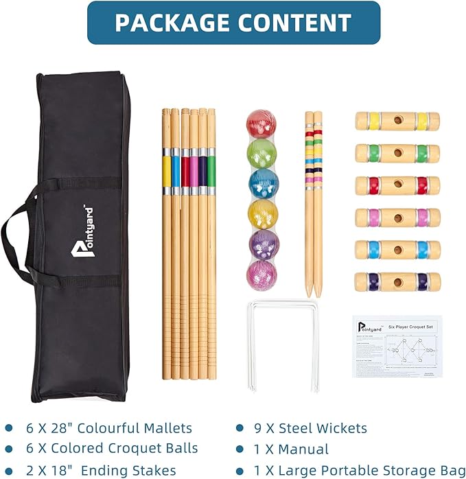 Pointyard Six Player Croquet Set, 28’’ Croquet Set with Wooden Mallets/Colored Ball/Wickets/Stakes for Adults/Teenager/Family-Perfect for Lawn/Backyard Game/Park (Includes Carry Bag)