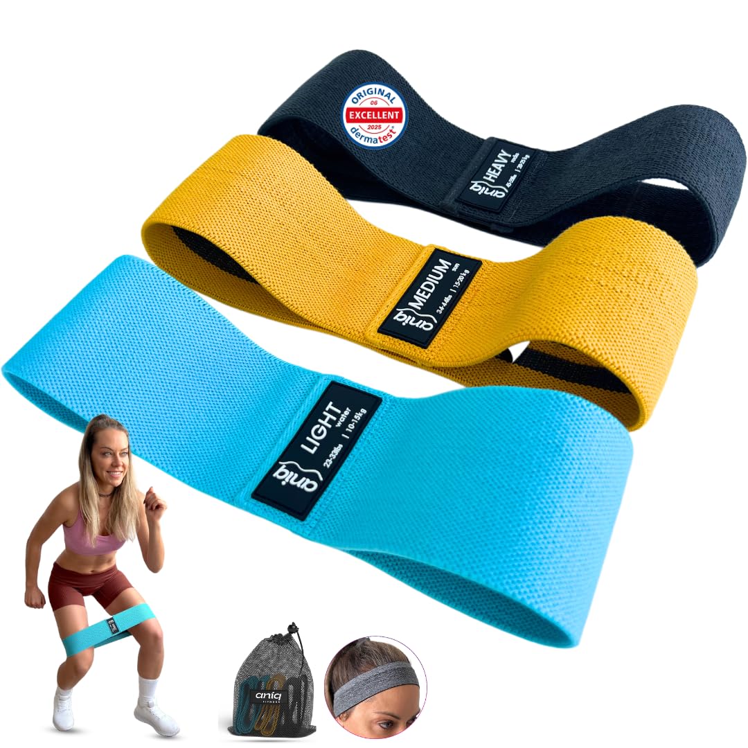 ANIQ® Fabric Resistance Bands – Non-Slip Booty Bands Set – 3 Levels for Legs, Glutes & Physical Therapy – Washable Cloth Loop Workout Exercise Equipment with Carry Bag, Headband for Pilates & Yoga