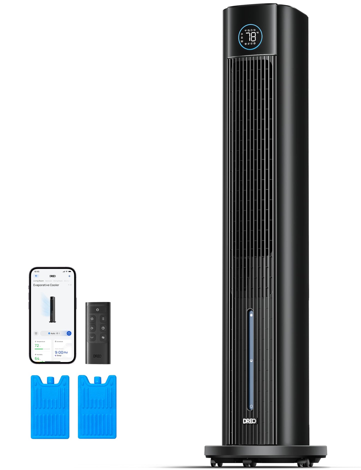 DREO Evaporative Air Swamp Cooler, 43" Cooling Fans that Blow Cold Air 2026 Upgraded, 80° Oscillating Floor Fan for Bedroom, Easy Cleaning, APP Control, Ice Packs, 4 Speeds & 4 Modes, 12H Timer, Black