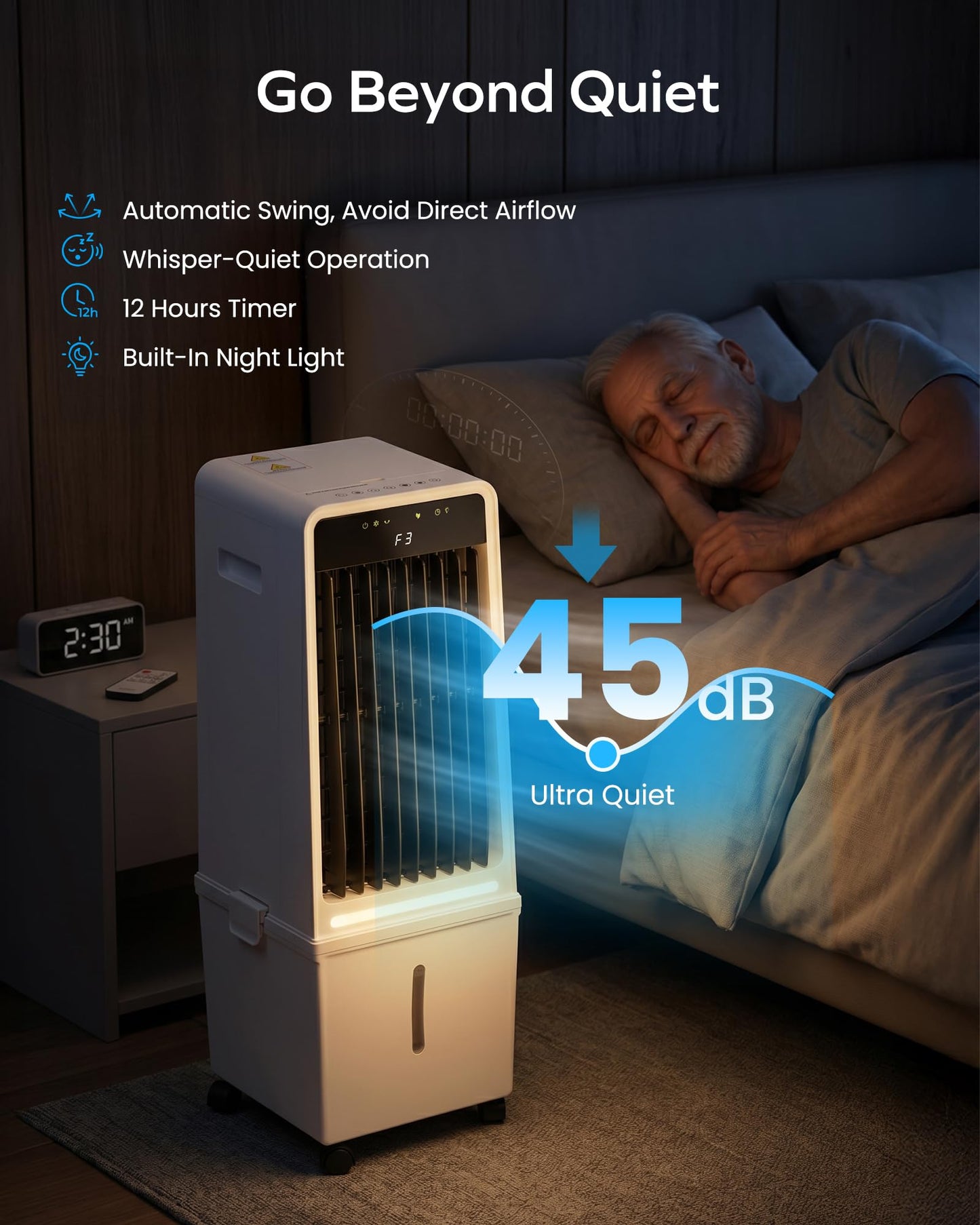 Air Choice Swamp Cooler, 30" Windowless Portable Air Conditioners with 3.7Gal Water Tank, 2 Ice Packs, Oscillation, 3 Speeds/Modes, 12H Timer, Night Light, Portable Swamp Cooler for Bedroom Office