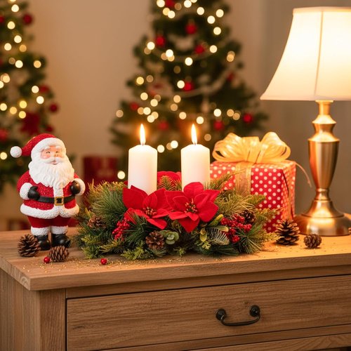 Kathfly 20" Christmas Poinsettia Centerpiece - Elegant Dining Table Decoration with Candle Holders & Red Flowers