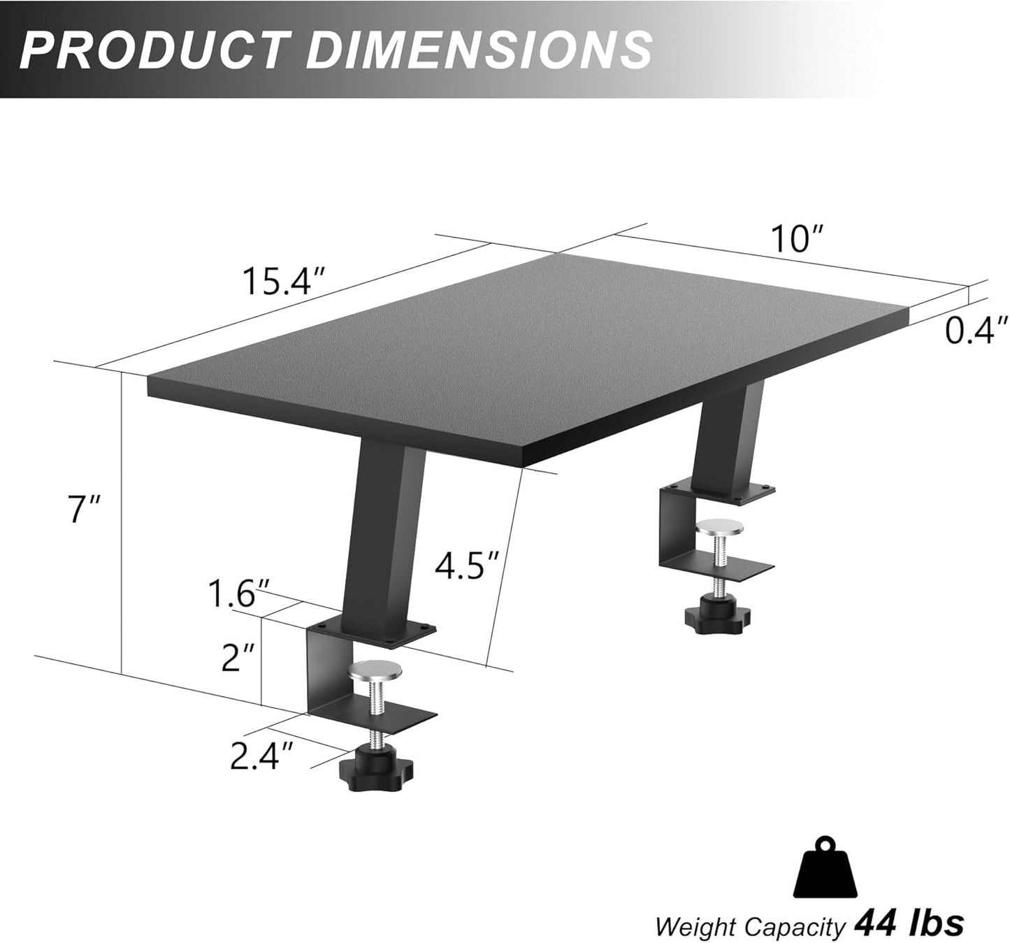 15-Inch 2-in-1 44 lbs, Setup Desktop Clamp-on Shelf & Monitor Riser, Reversible Design Fits Either Side of Desk
