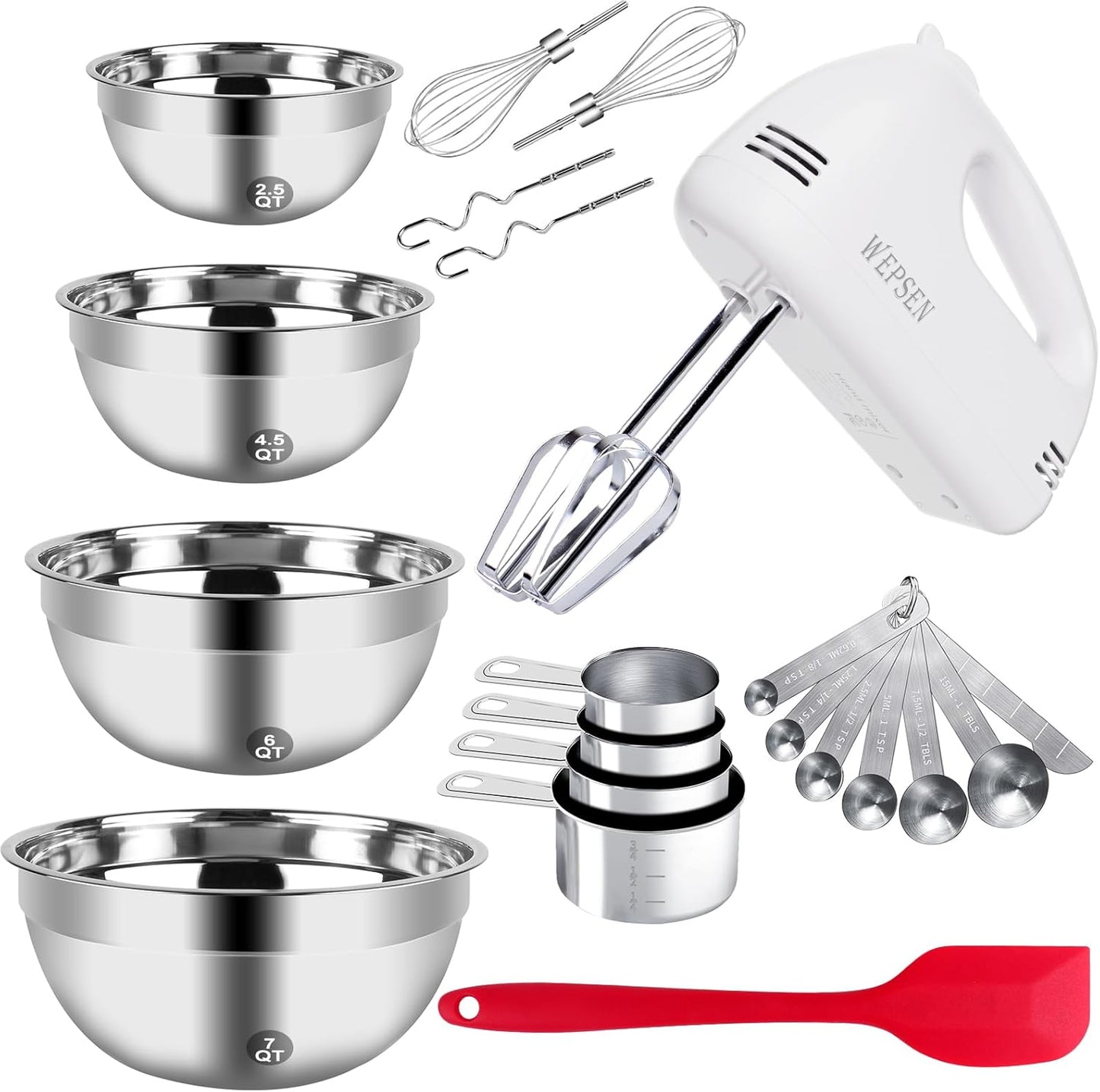 Skiennix 5-Speed Electric Hand Mixer - Includes 4 Large Mixing Bowls & Stainless Steel Whisks | Perfect for Baking