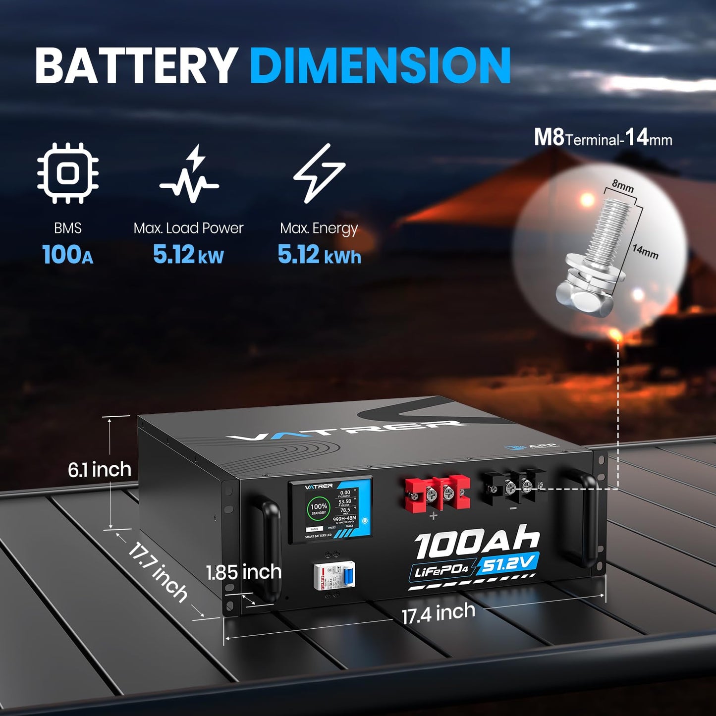 VATRER POWER 48V 100AH Lithium LiFePO4 Battery, Built-in 100A BMS, with Touchable Smart Display & Mobile APP, Max. 4800W Power Output, 5000+ Cycles, Perfect for Solar System &Off-Grid Applications