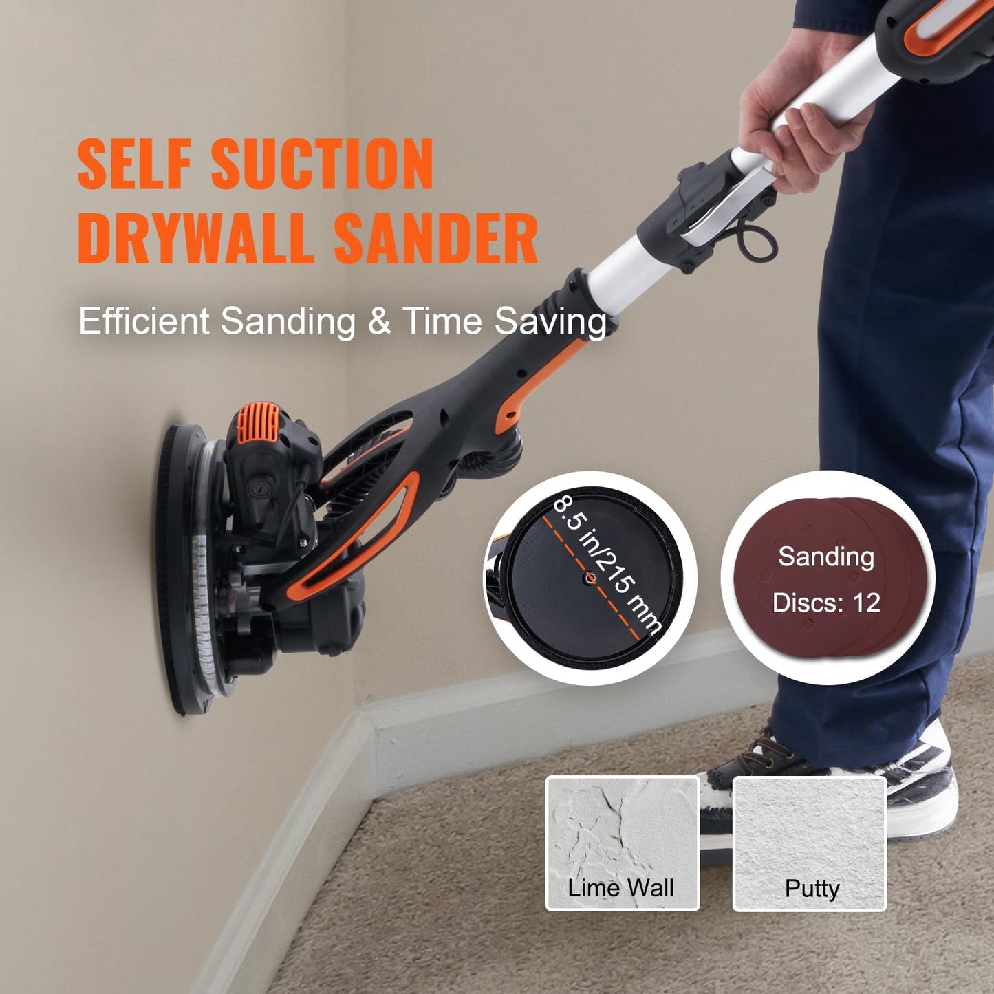 VEVOR Wall Smoother, 900W Electric Tool with 12 Sanding Discs, 800 to 1800 RPM Speed, 3 Vacuum Hoses, Collapsible for Ceiling Use, Dual LED Lights, Telescoping Handle, and Built-in Dust Collector
