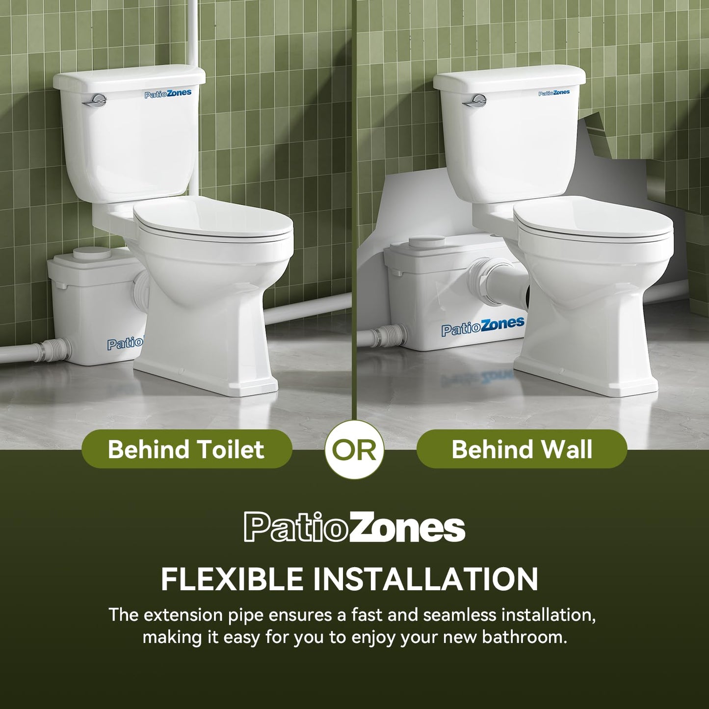 36ft HIGH POWER Macerating Toilet System, Upflush Toilet with Macerator Pump, Copper Motor Pump with 4 Inlets for Basement/Kitchen/Sink/Shower, Two-Piece Elongated Tall Toilet