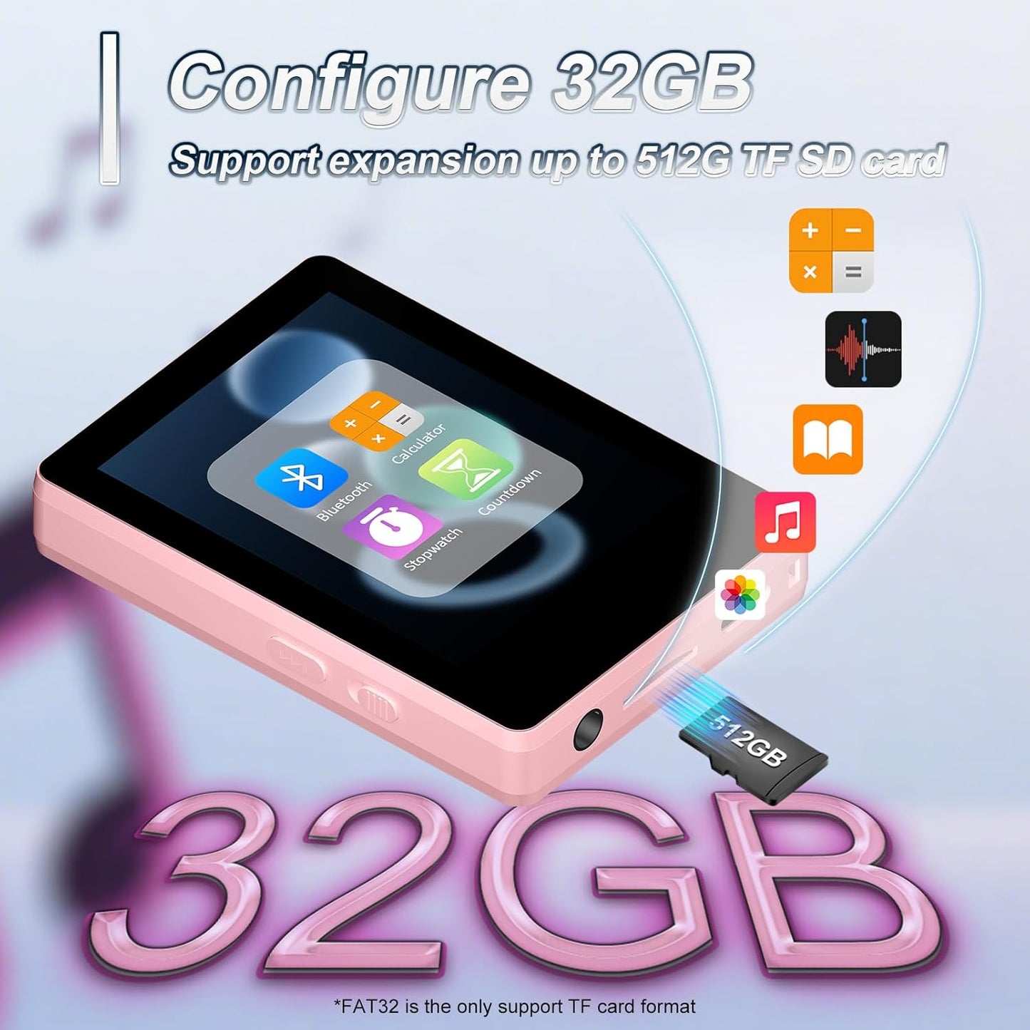 VANSING MP3 32GB MP3 512GB(Pink) Mini HiFi Bluetooth Player for Kids, Portable Audio Player with FM Radio, Digital