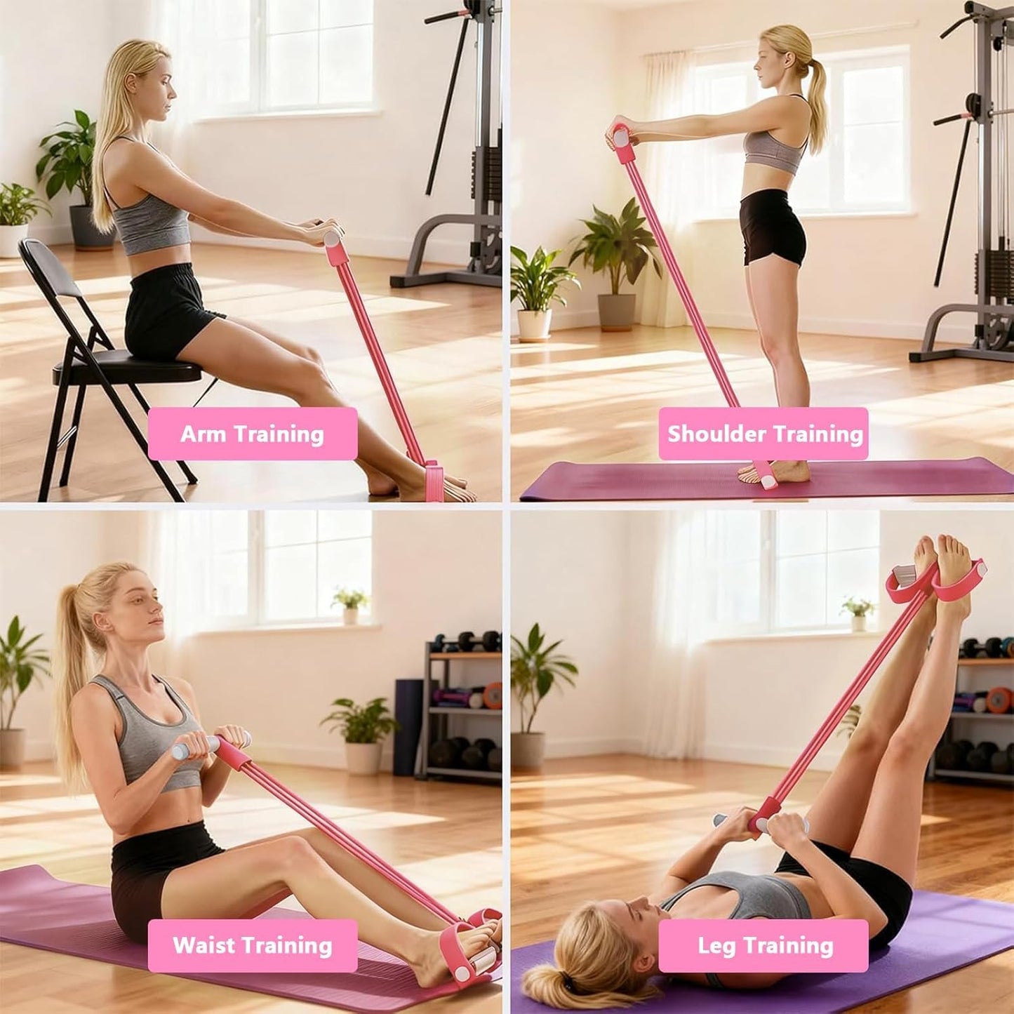 8-Tubes Pedal Resistance Band with Handle, Multifunction Exercise Rope for Working Out, Foot Pedal Resistance Band for Abdomen, Waist, Arm, Leg, Pink