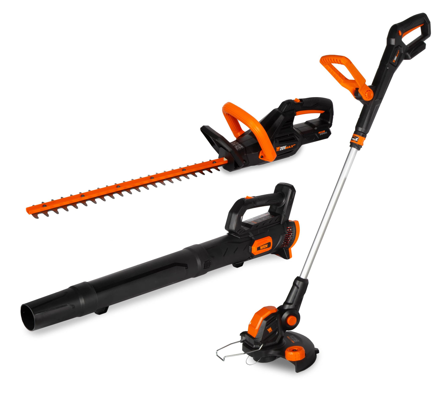 WEN 20V Max Cordless Hedge Trimmer, String Trimmer and Leaf Blower Combo Kit with 4Ah Battery and Charger (20VK3HTB)